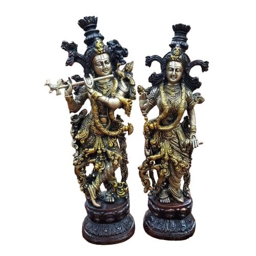 indiancraftsbykanika Brass Colorful Radha Krishan Big Size Statue Playing Flute showpiece Idol for Home décor, Gift Item, Temple