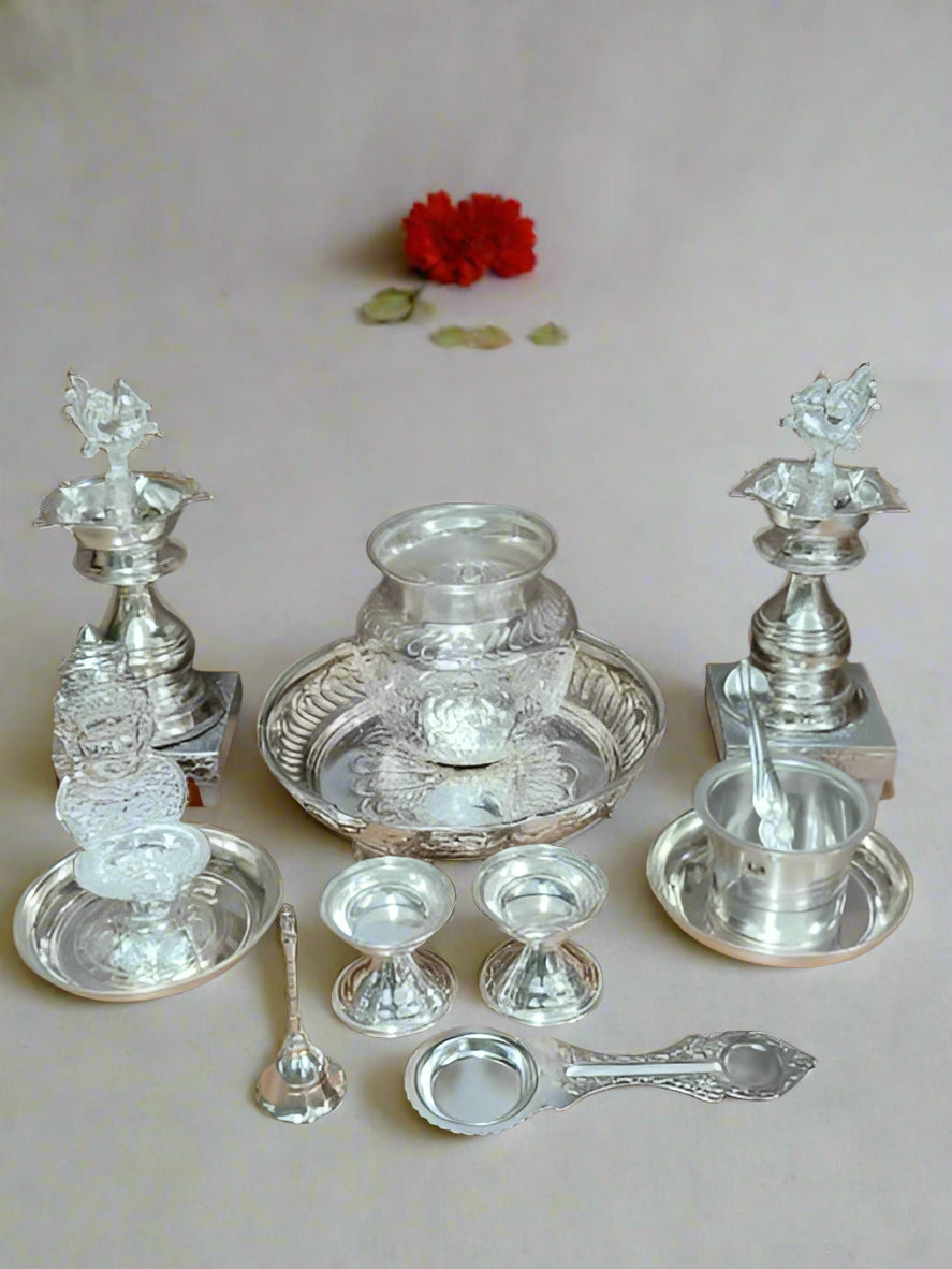 indiancraftsbykanika German Silver Pooja thali Set of Set of 14 Pieces