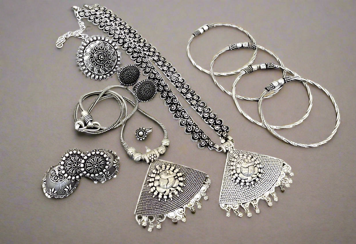 German silver Ganesh combo set multipack Long necklace with chain pendant, earrings, ring, nosepin, toering and 4 bangles
