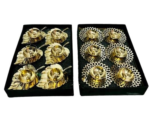 indiancraftsbykanika Presents Brass Diya Set of 12 Pieces jaali/Leaf Diya Set for Festival/Wedding/Gift Item on Diwali, Golden
