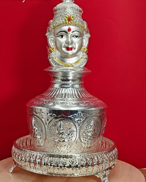 indiancraftsbykanika pure german silver pooja items tray, big size kalash, lakshmi face mukut for vara lakshmi pooja/diwali/housewarming
