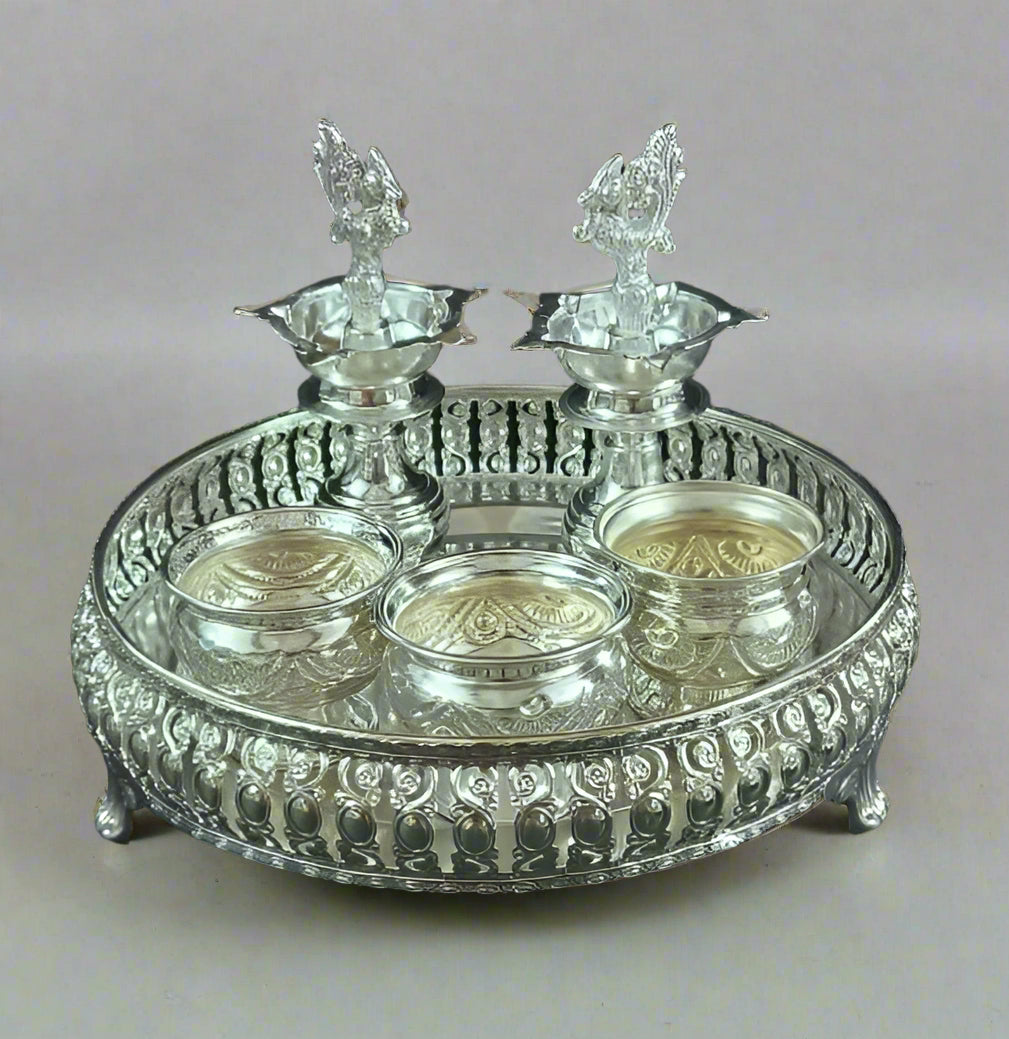 German silver plate with 3 bowls and peacock Diya Combo plate set - 6 pieces set