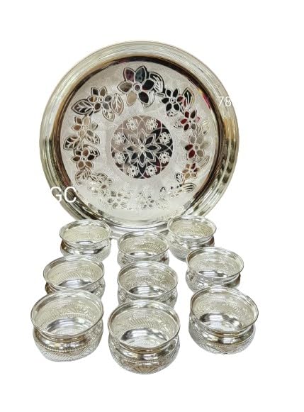 indiancraftsbykanika German Silver Tray With Bowl Set For Snacks/Housewarming Pooja/Diwali Gift