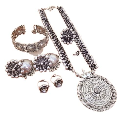 indiancraftsbykanika oxidized round combo necklace set with matching earrings, toe ring, bracelet, ring, nose pin for women