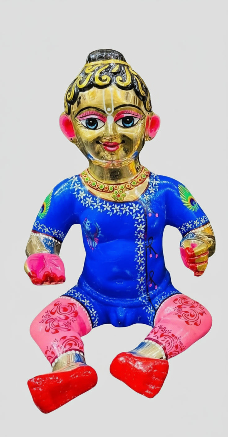 Sitting Blue Color Painted on Brass laddu Gopal/kahna Idol Statue for Home Decor/Temple
