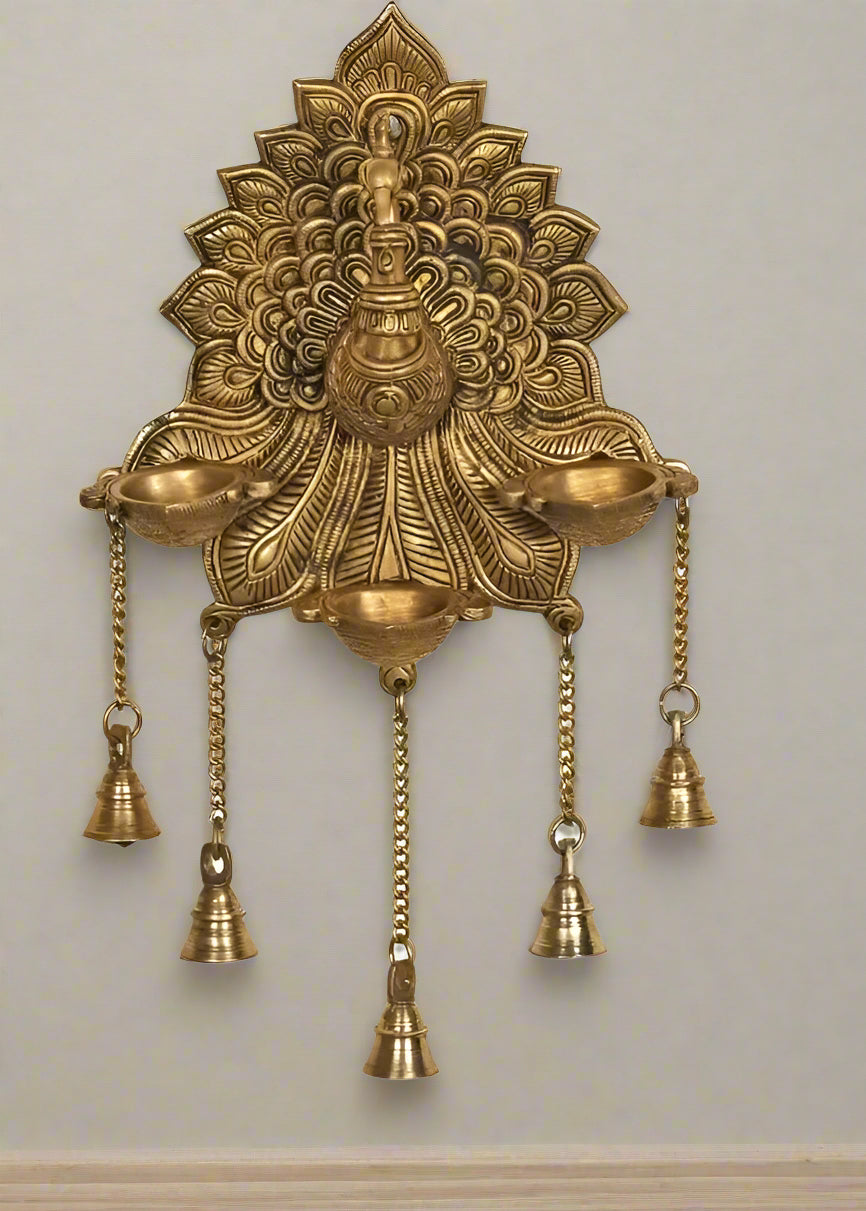Brass Peacock Wall Hanging Diya with 3 diyas Home Decor Golden Color Gift Item