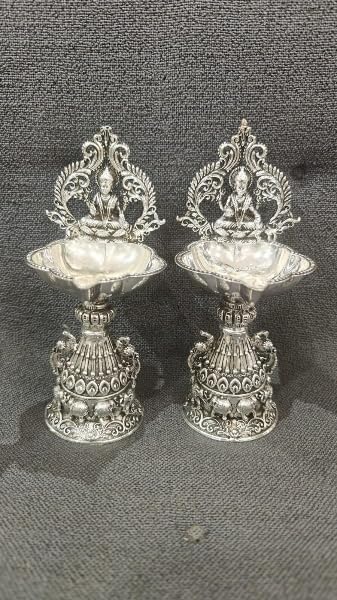 Silver Plated Antique Finish Lakshmi Diya with Elephant Motifs Diya Pair Set for Diwali Pooja/ Housewarming/ Gift Item