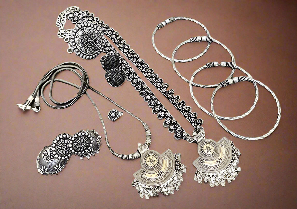 German silver combo set multipack Long necklace with chain pendant, earrings, ring, nose pin, toe ring and 4 bangles set