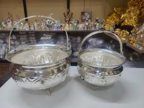 indiancraftsbykanika German Silver Tray/Basket Set for Housewarming Pooja/Home Decor/Serving/Gift Item