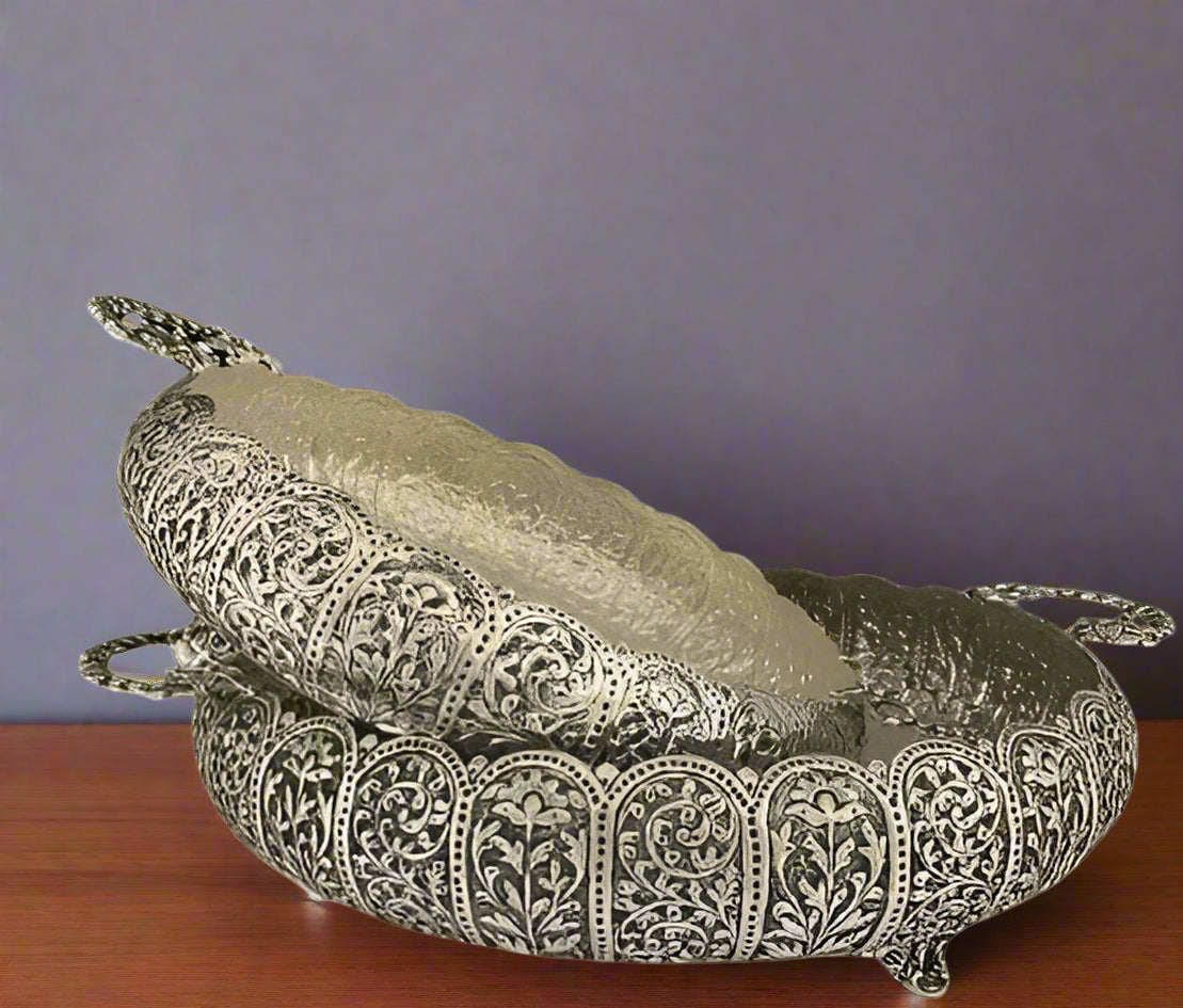 German silver big size urli fully carved for home décor/fruits/snacks, 1 piece
