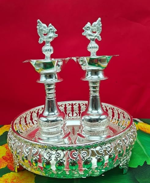 German Silver Peacock Diya with Tray for Diwali/ Housewarming Pooja