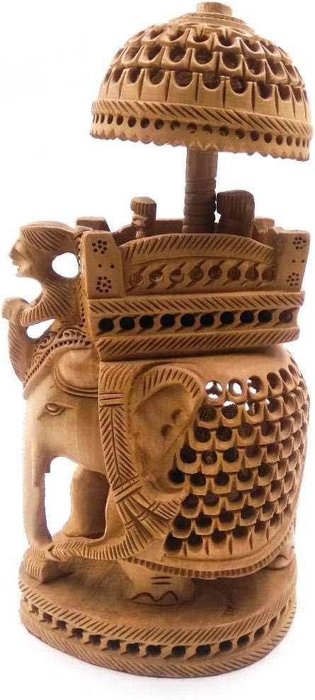indiancraftsbykanika Handmade 8" Wood Carving Handmade Ambari Elephant Undercut Statue with Animal Figurines Showpiece Gifts