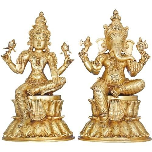 indiancraftsbykanika Big Size Brass Lakshmi Ganesh Idol Statue for Home Decor/Diwali Festival/Gift Item/Temple, Size : 14"