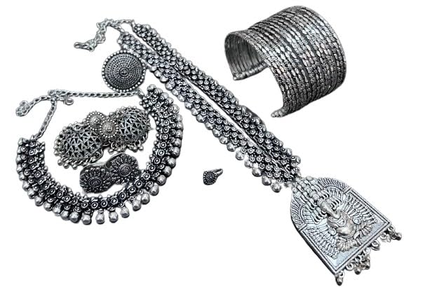 indiancraftsbykanika ganesh oxidised 9 pieces necklace set - 2 necklaces with matching earrings, toe ring, openable bracelet, nose pin, ring for women