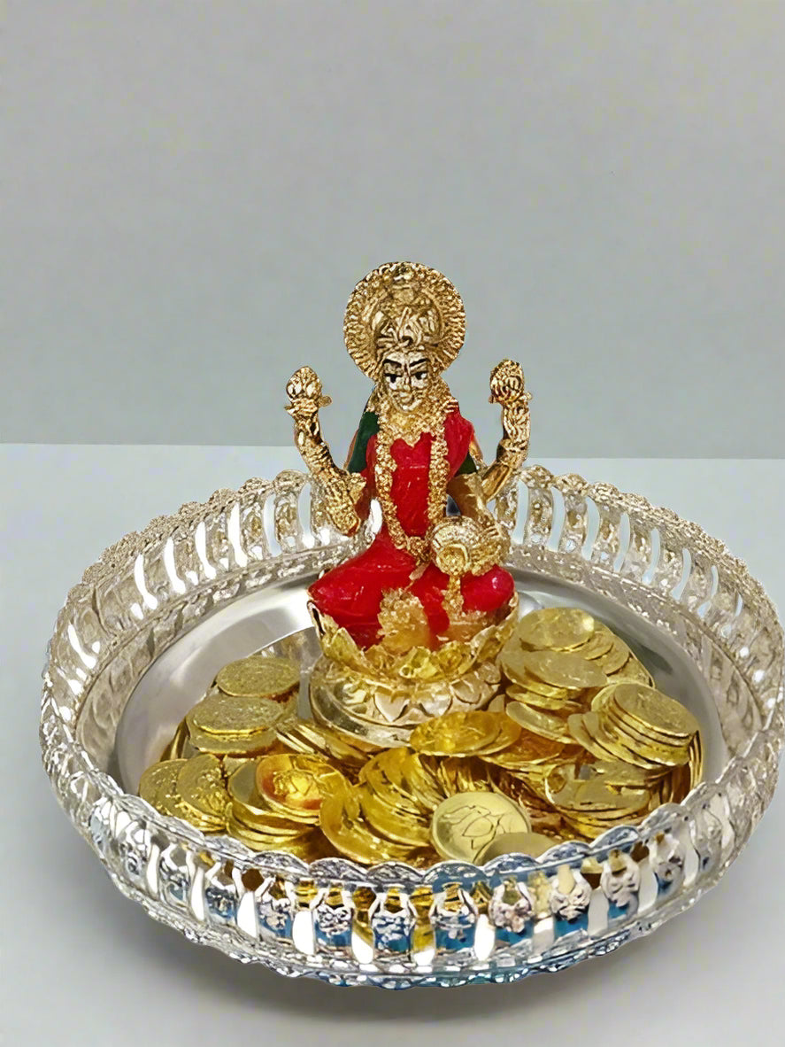Pure German Silver Tray with Lakshmi Idol and Gold Color Coins
