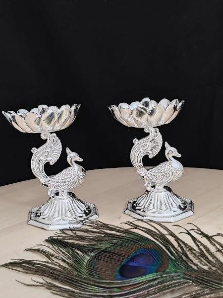German Silver Combo of 10 Peacock Diya Set