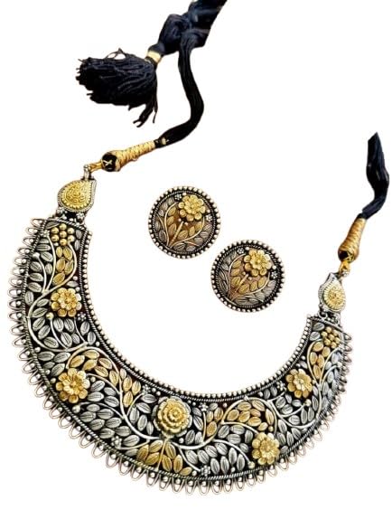 indiancraftsbykanika oxidized dual tone combo necklace set with matching earrings for women