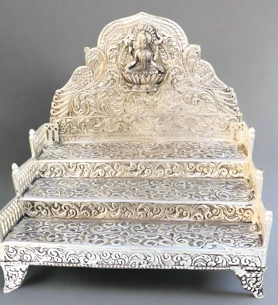 German Silver Laxmi 3 Step Sing Hasan with Railing Fully Carved for Many Idols Ideal