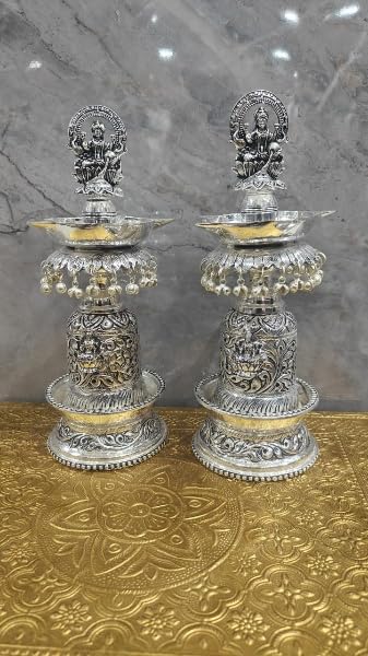 German Silver lashmi Fully Carved Diya Pair Set for House Warming Party/Home Decor