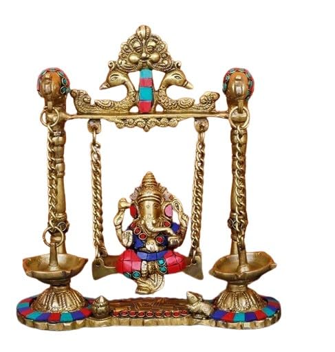 Brass with Stone Work Ganesh jhula with Diya on Both Side Home Decor