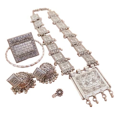 indiancraftsbykanika oxidized square shape necklace combo set with matching earrings, adjustable ring, bracelet, nose ring, 5 pieces set