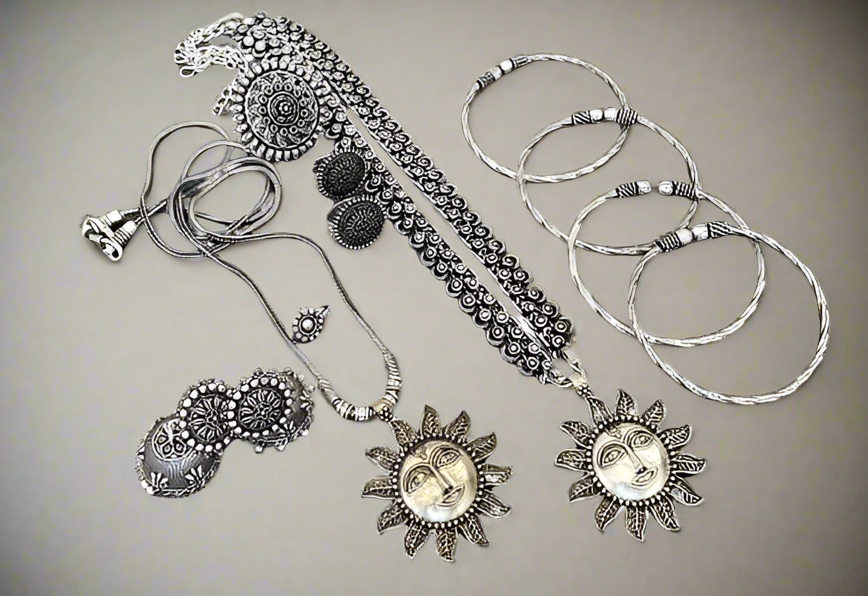 German silver sun combo set multipack Long necklace with chain pendant, earrings, ring, nose pin, toering and 4 bangles combo set