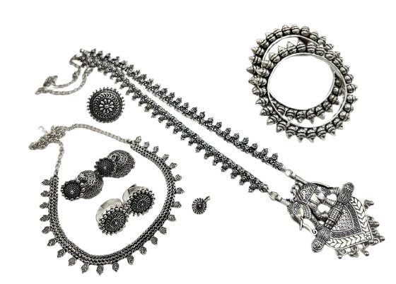 indiancraftsbykanika German silver long chain pendant set with matching choker, jhumkas, ring, toe ring nosepin and bangles goes with any attire