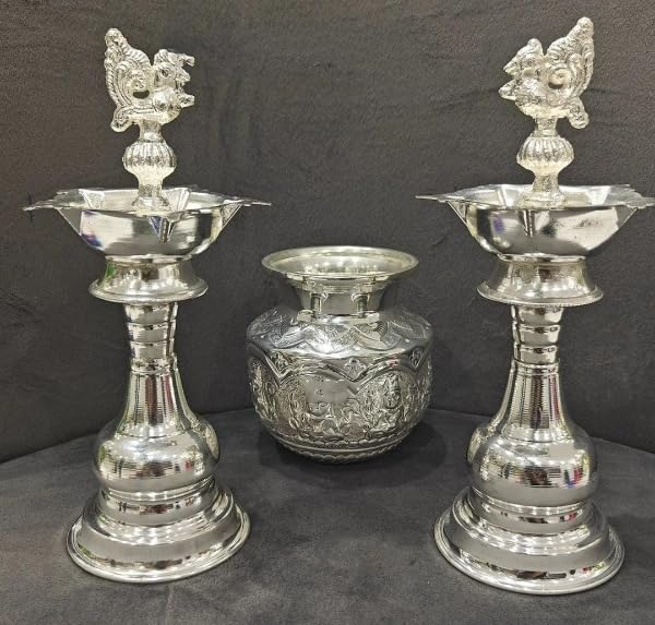 German Silver Pair of Peacock Diya with asthalakshmi Kalash for Housewarming