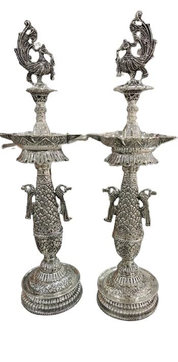 Antique Finish Silver Plated deepam/Diya with 3 Peacocks for Housewarming/Diwali