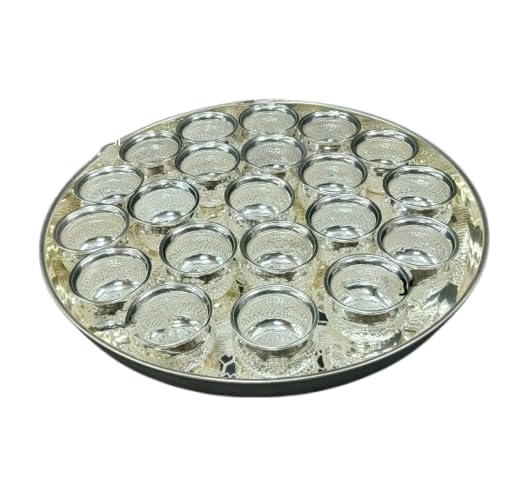 indiancraftsbykanika german silver big thaal plate14 with 21 bowls for prasad/sweets/snacks/gift item