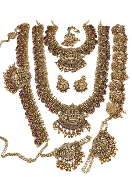 indiancraftsbykanika 17 pieces lakshmi green stones combo bridal necklace set jewlery set looks good on any woman
