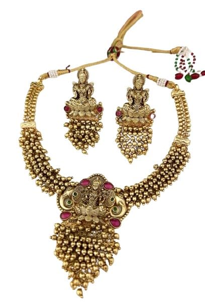 indiancraftsbykanika presents laxmi golden color temple pearl beaded choker necklace jewelry set with matching earring matt finish
