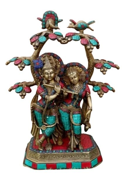 indiancraftsbykanika Brass with Stone Work Radha Krishan Playing Flute Under The Tree Home décor Statue/Temple Statue/Gift Item