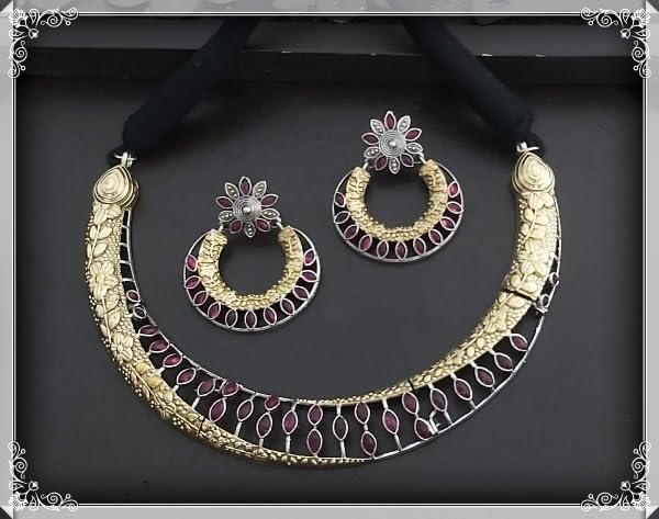 golden and silver choker german silver necklace set with matching earrings looks good on any woman, color : red stone