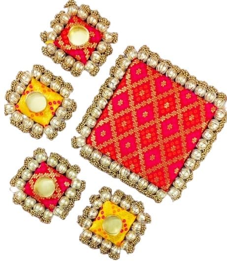 red Color Square Shape Banarasi +Pichwai Rangoli Tea Light Holder Set with Wax Tea Light for HOM,e Decor