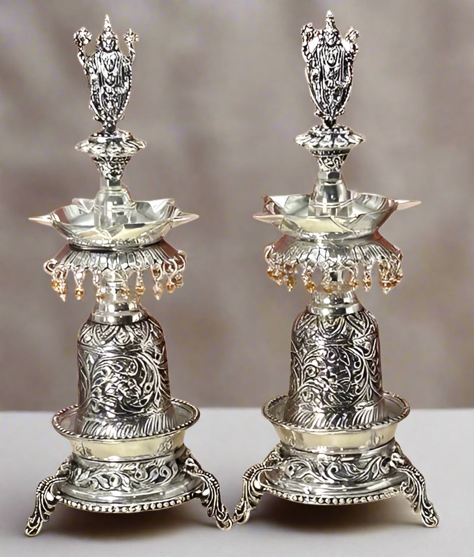 Special Naxi/ Carved Work German Silver Tirupati Balaji Diya Pair