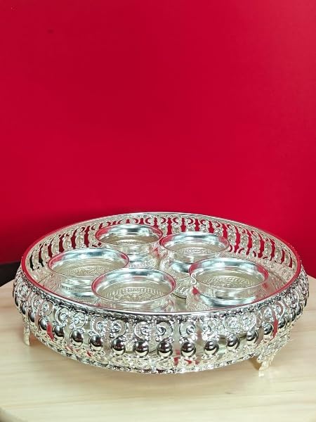indiancraftsbykanika German silver tray with bowl set for snacks/dessert/gift item - 6 pieces set