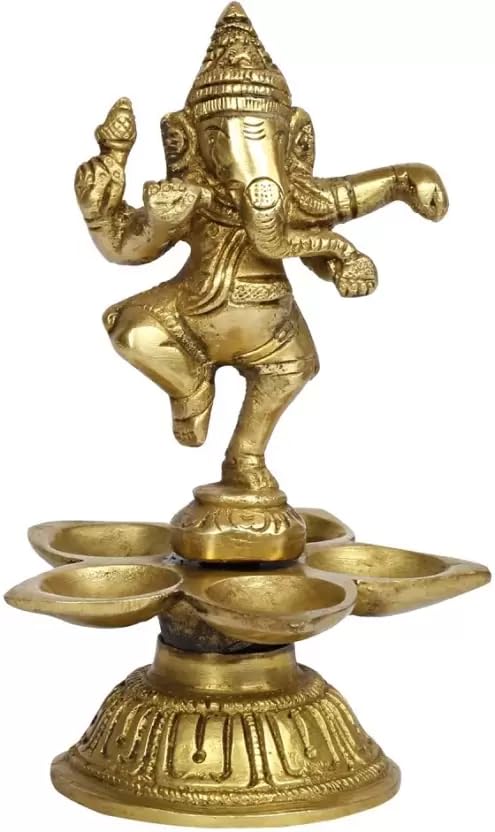 Brass Ganesh Diya with 5 Wicks Diya/Brass Dancing Ganesh Five Oil Wick Diya