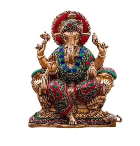 Brass Colorful ganseha Statue with Stone Work showpiece Idol for Gift Purpose, Home décor, Home/Office Temple