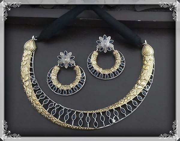 golden and silver choker German silver necklace set with matching earrings