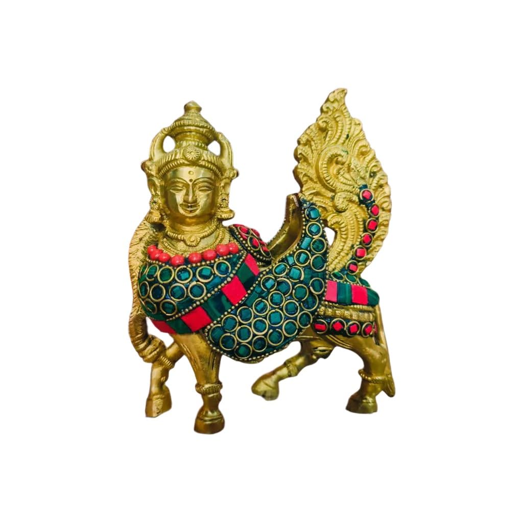 indiancraftbykanika Brass with Stone Work kamdhenu Cow Statue Idol for Home décor/Temple/Gift Item