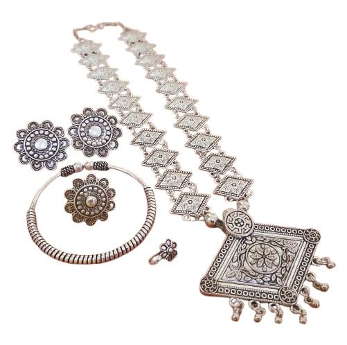 indiancraftsbykanika oxidized diamond shape necklace combo set with matching earrings, adjustable ring, bracelet, nose ring, 5 pieces set