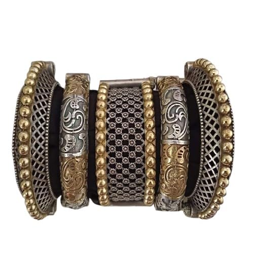 oxidized Silver replica Dual tone openable bangle set of 5 pieces for women