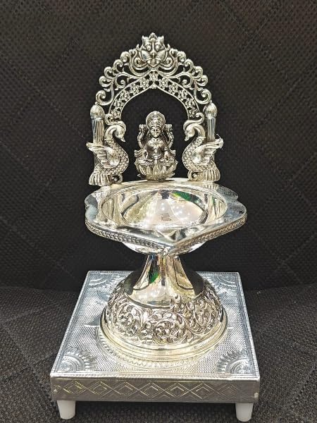 Pure German Silver kamakshi Diya with Swam Big Size for Gift/ Diwali/ Housewarming , 1 Piece
