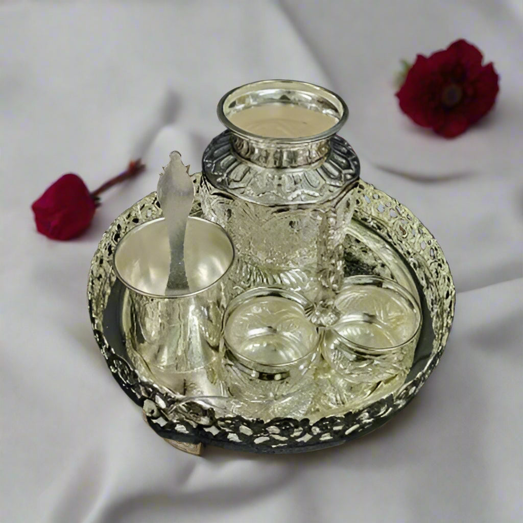 German Silver Combo Pooja thali Set for House Warming/Festival/Gift Item