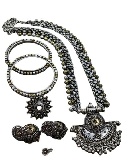 german silver oxidized/dual set combo set of 7 pieces - necklace with earring, bangle pairs(2.4 size), ring, nose pin looks good on any women