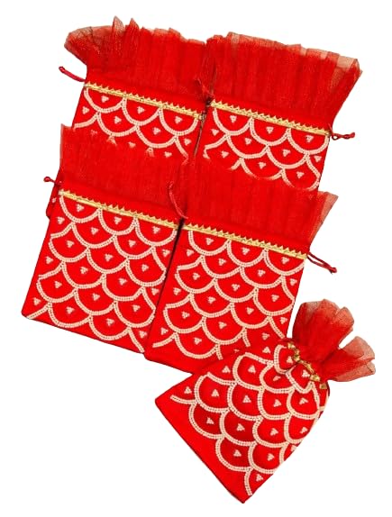 Handmade pearl give away potli with pearl design set of 10 pieces for diwali/return gifts/housewarming, color : red