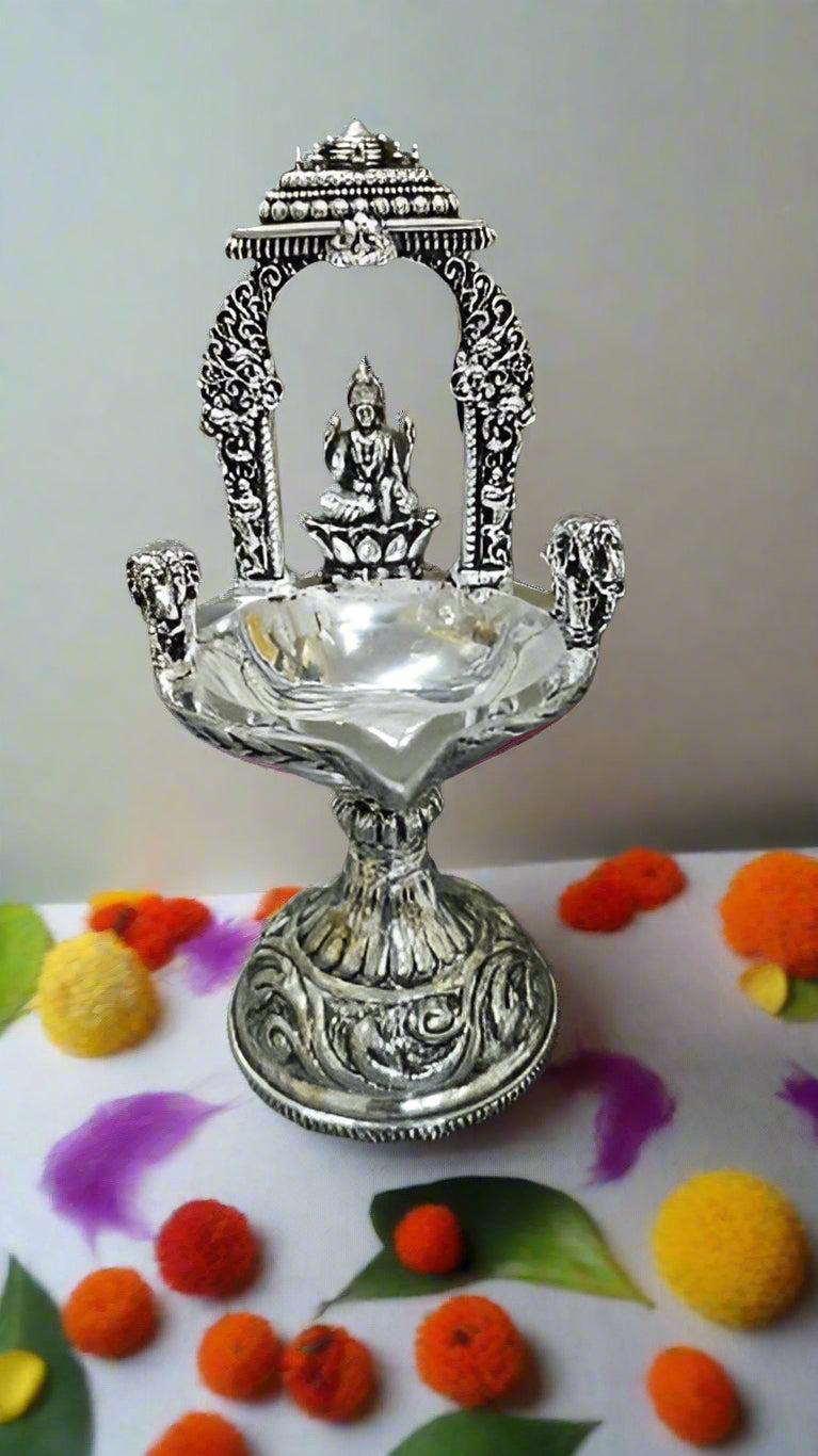 silver plated Lakshmi with Elephants Diya Set of 2 Pieces