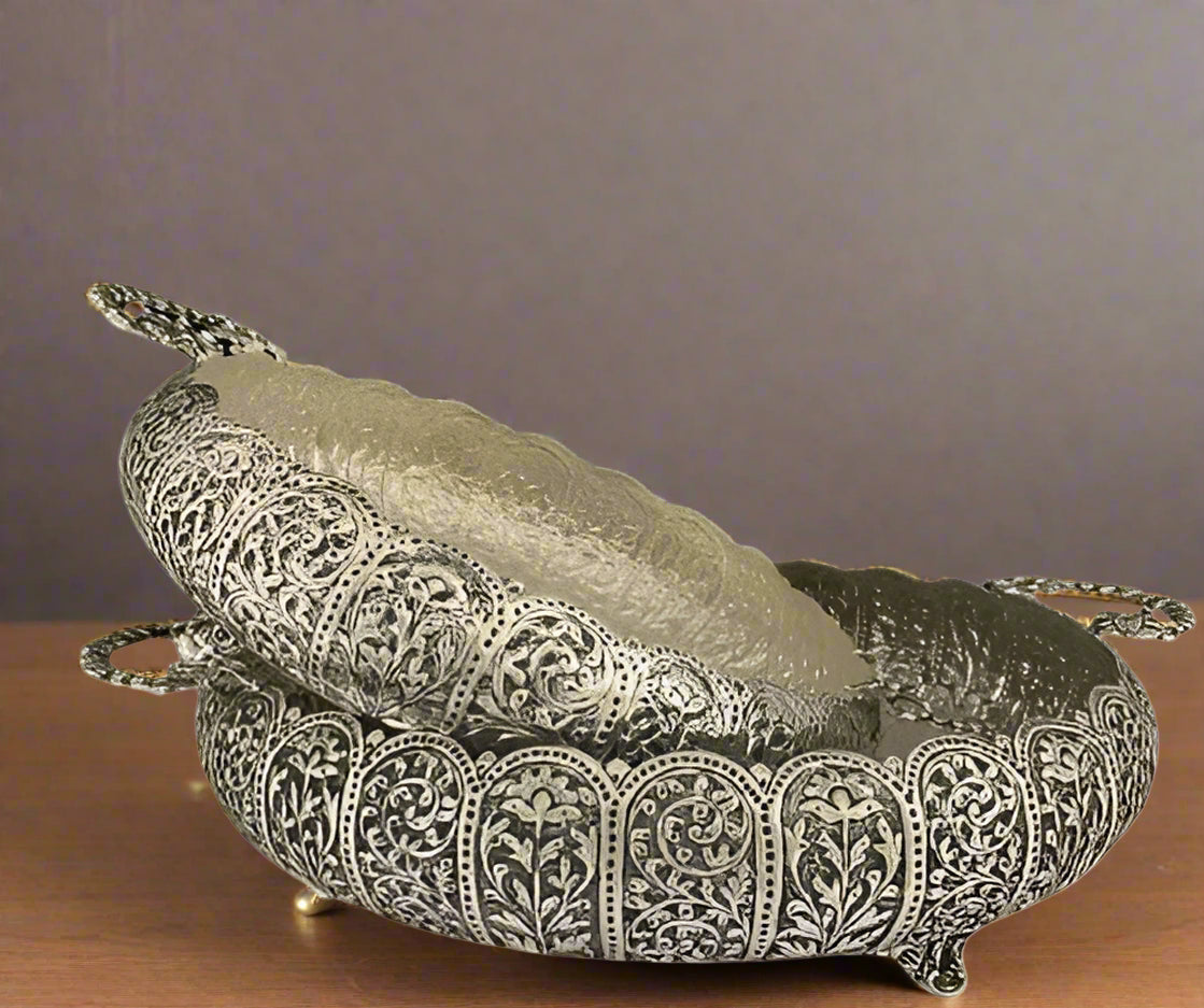 German silver small size urli fully carved for home décor/fruits/snacks, 1 piece