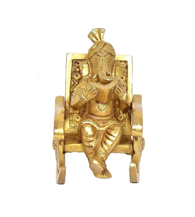 indiancraftbykanika Brass Ganesh Sitting on a Chair Reading Book showpiece